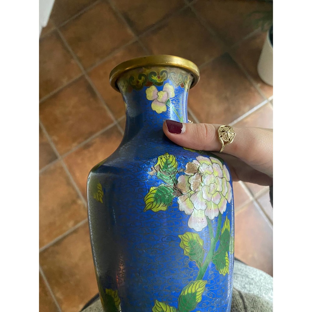 Blue Antique Vintage Japanese Hand Painted Floral Vase - Picture 7 of 7